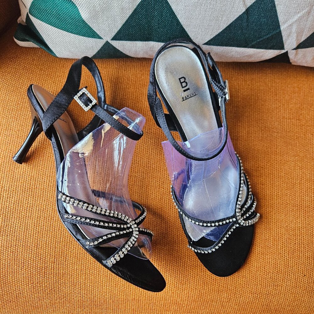 B BAKERS Black Satin Mallorie Sandals with Rhinestone Embellishments Sz 8.5B